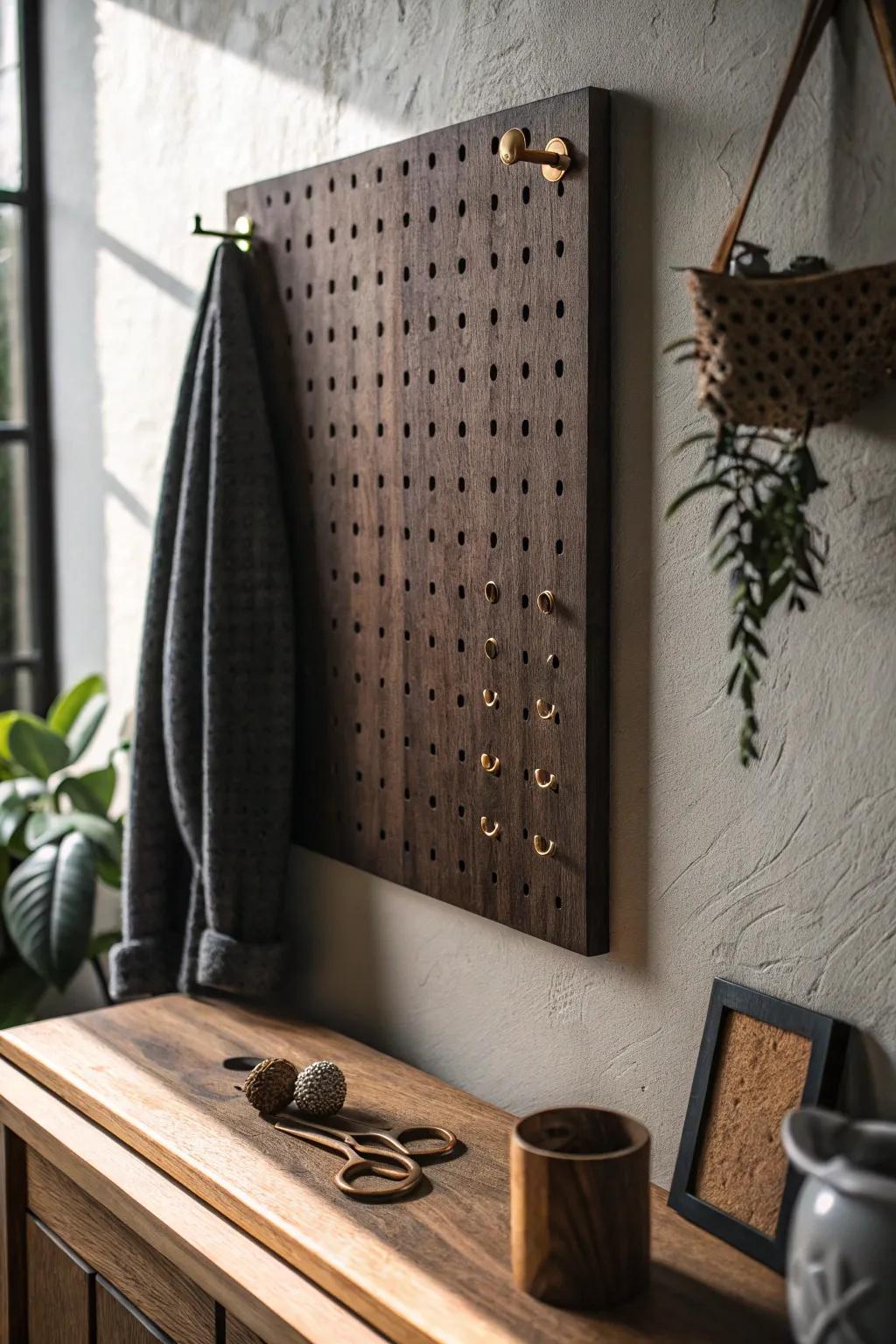 Dark walnut pegboard with brass hooks—minimal, moody, and beautifully architectural.
