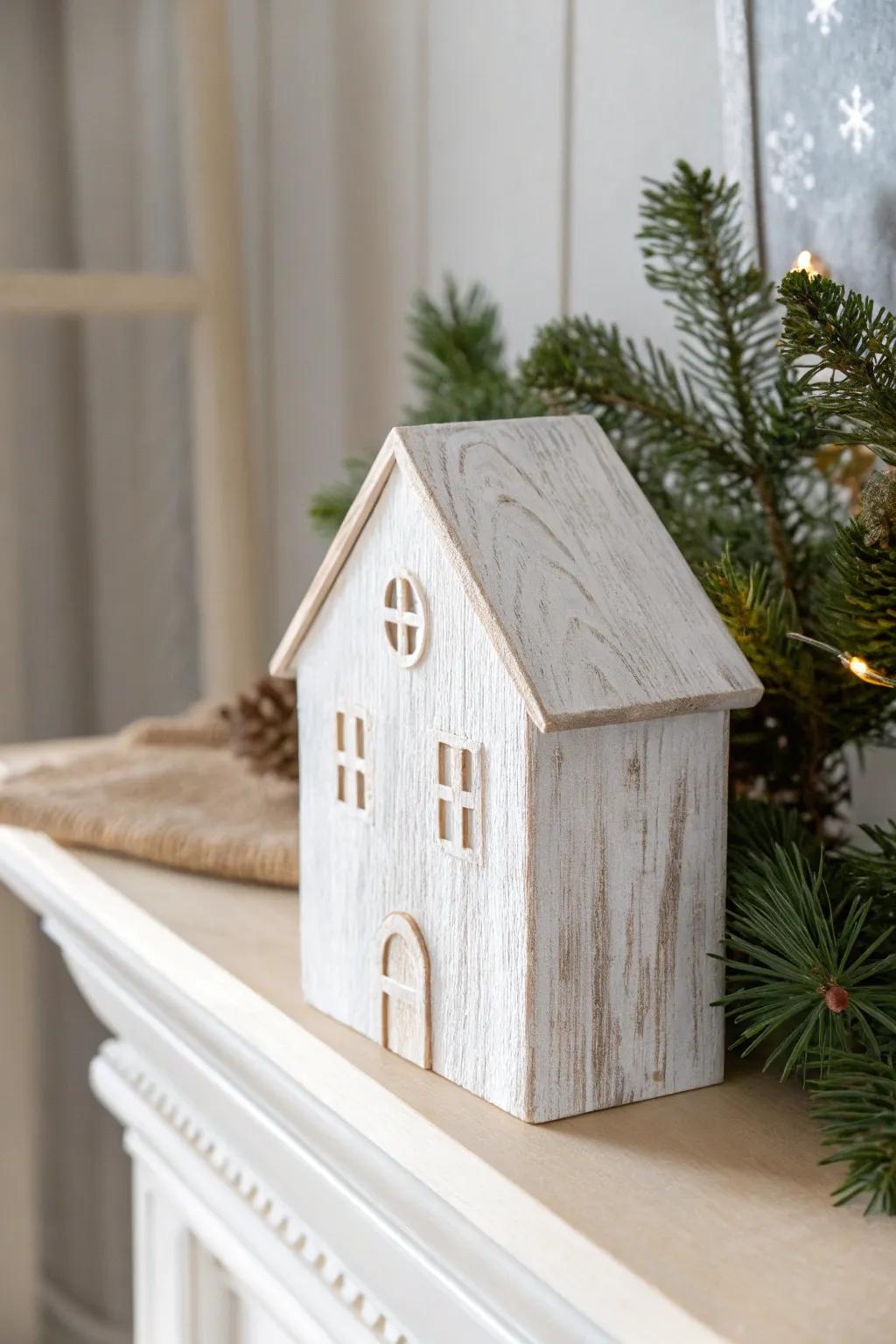 A simple whitewashed wooden house block for a calm, snowy-village winter mantel.