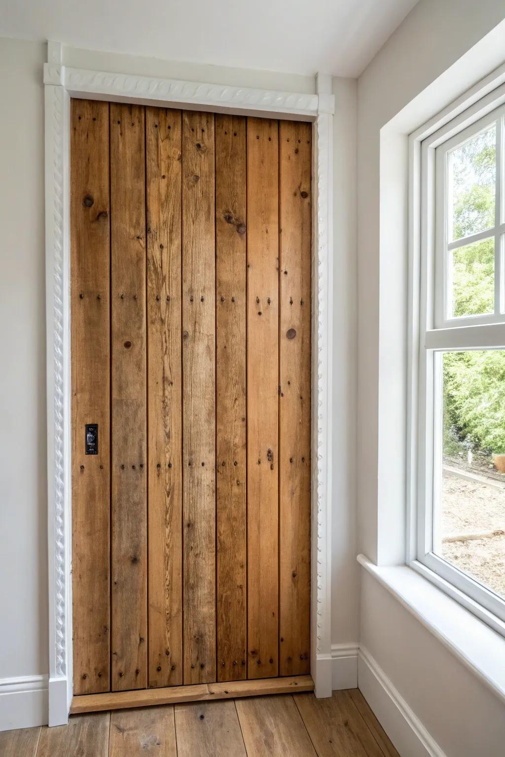 Reclaimed wood fronts add rustic warmth—weathered grain set in a crisp built-in frame.