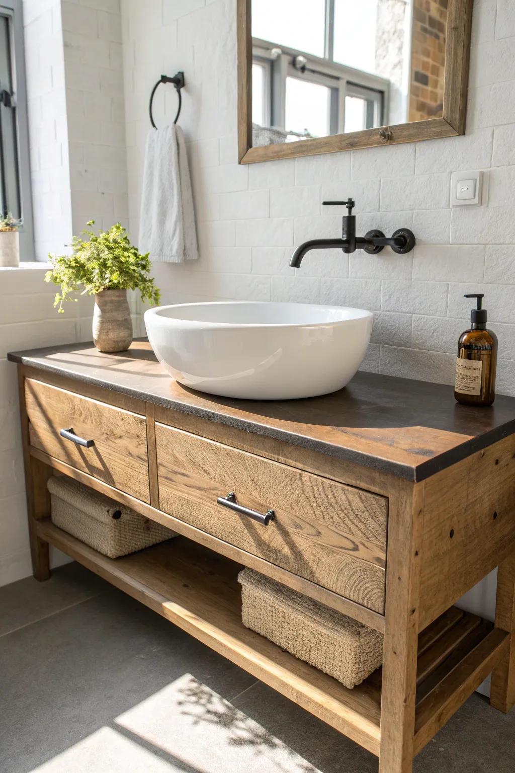 A floating antique drawer-front vanity brings vintage charm and airy, custom-made minimalism.