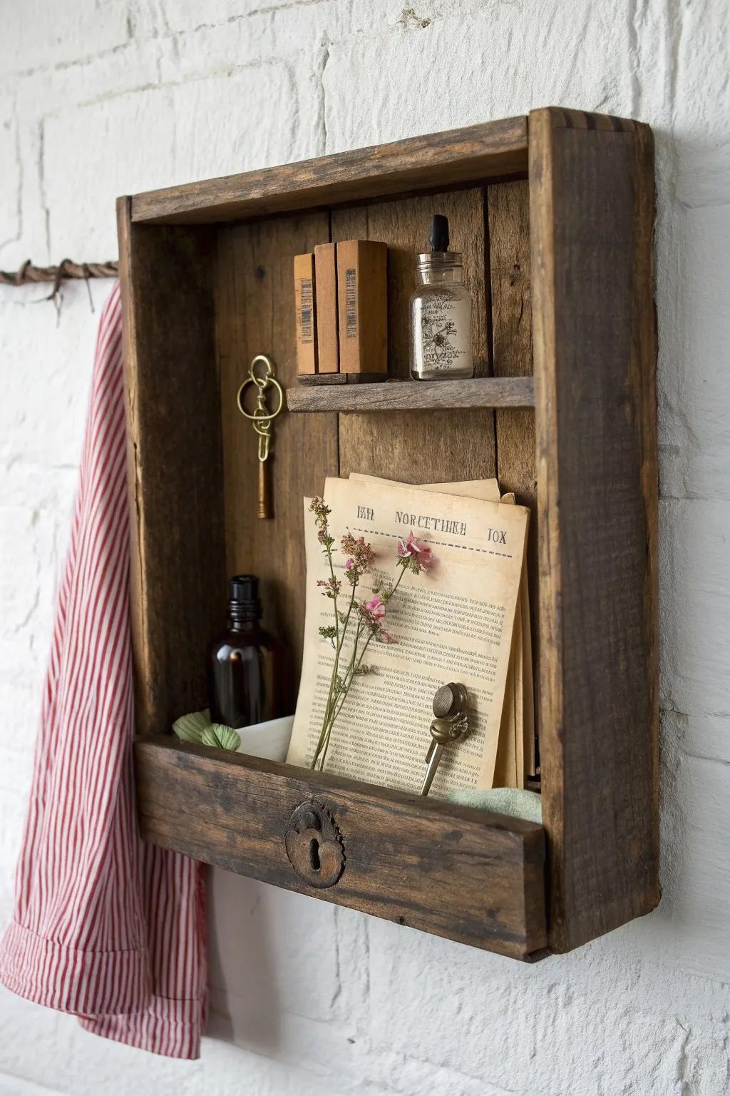 Mount a reclaimed drawer as a shadowbox shelf—lined in ticking for instant antique-shop charm.