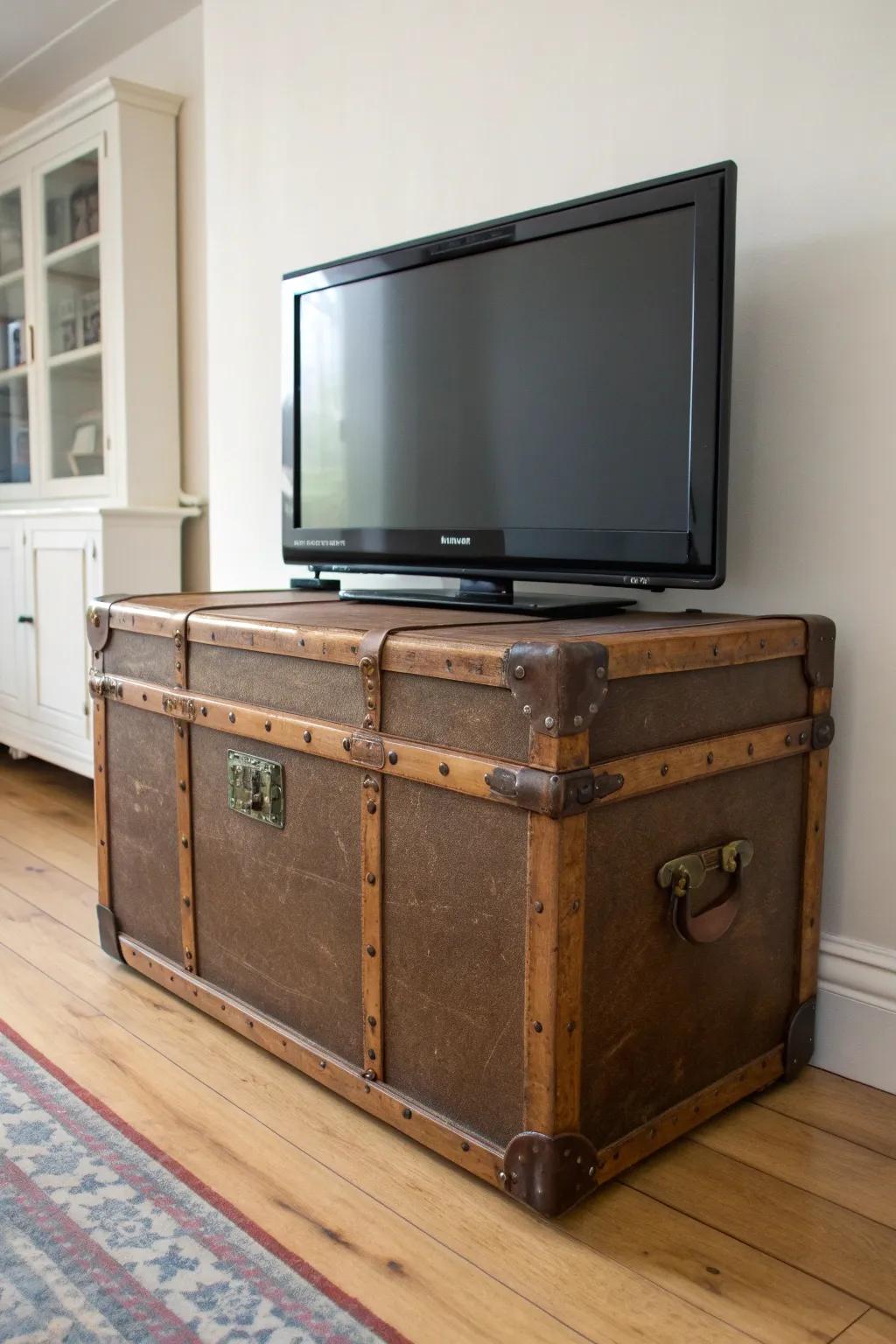 Steamer trunk TV stand: antique charm with hidden cable storage and a clean oak top.