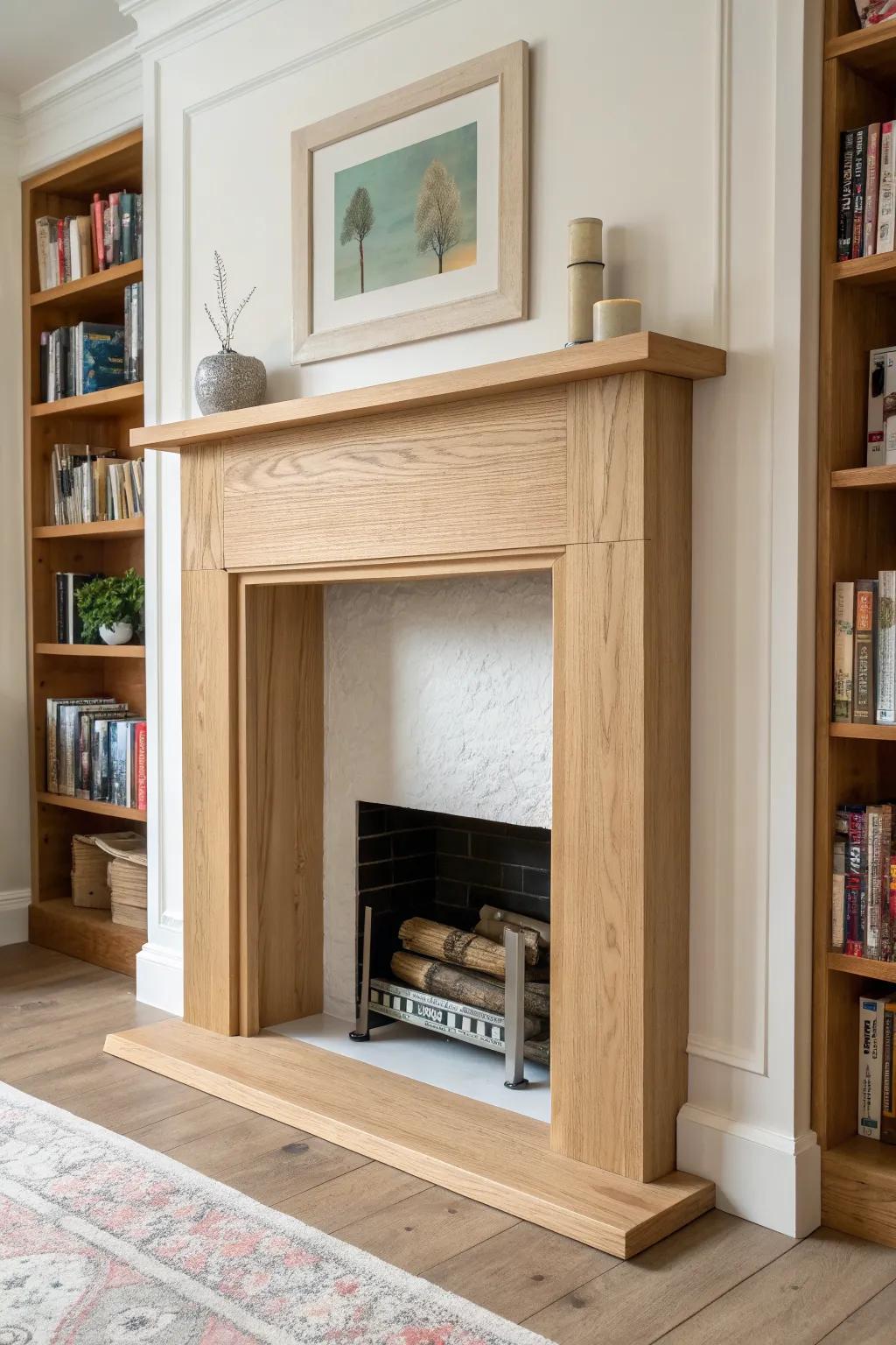 A faux mantel + flanking shelves creates a cozy apartment library focal point—no fireplace needed.