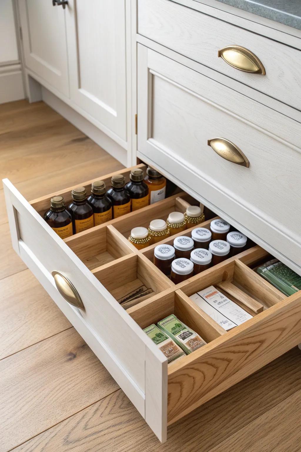 A hidden toe-kick spice vault keeps apothecary staples close while counters stay serene.