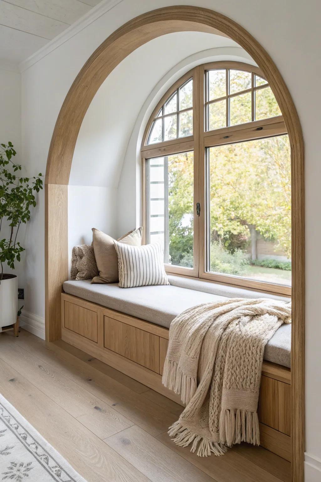 A pale oak arch-framed window seat nook—minimal, cozy, and crafted for slow mornings.