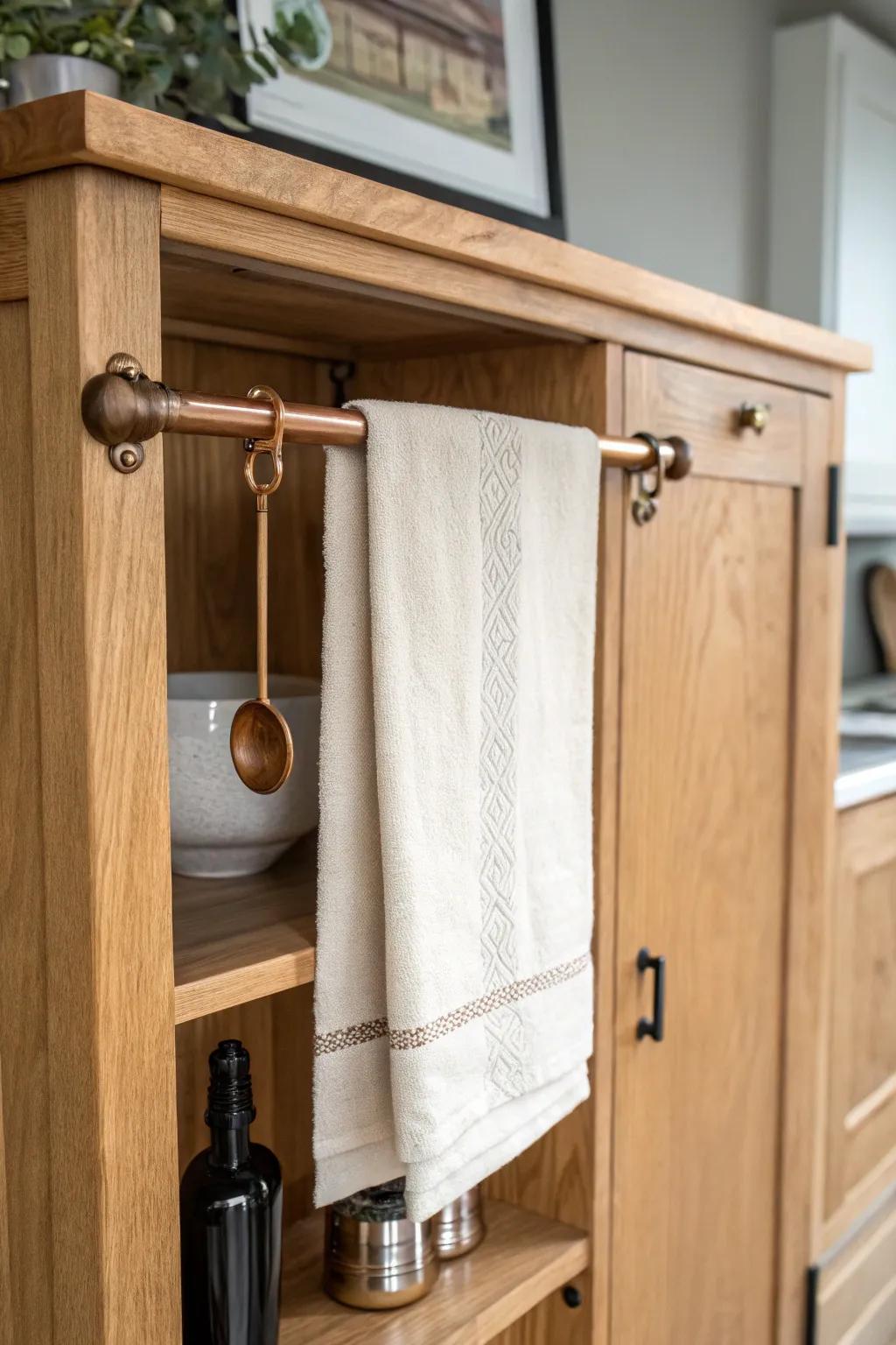 Copper pipe rail inside your armoire coffee bar—hang towels and tools with warm, rustic style.