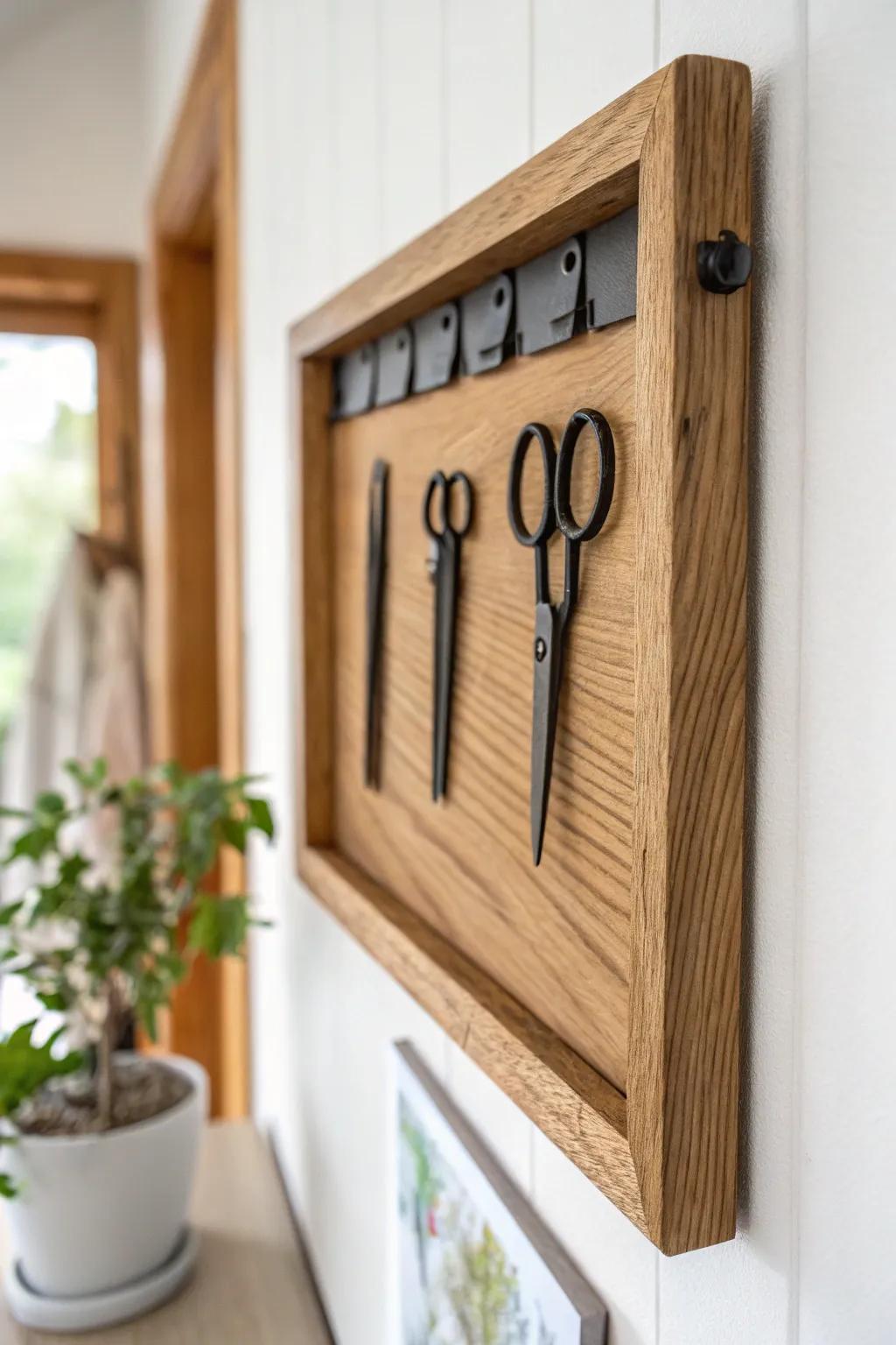 Reclaimed-wood framed magnetic rail for art tools—minimal, satisfying to use, and always within reach.