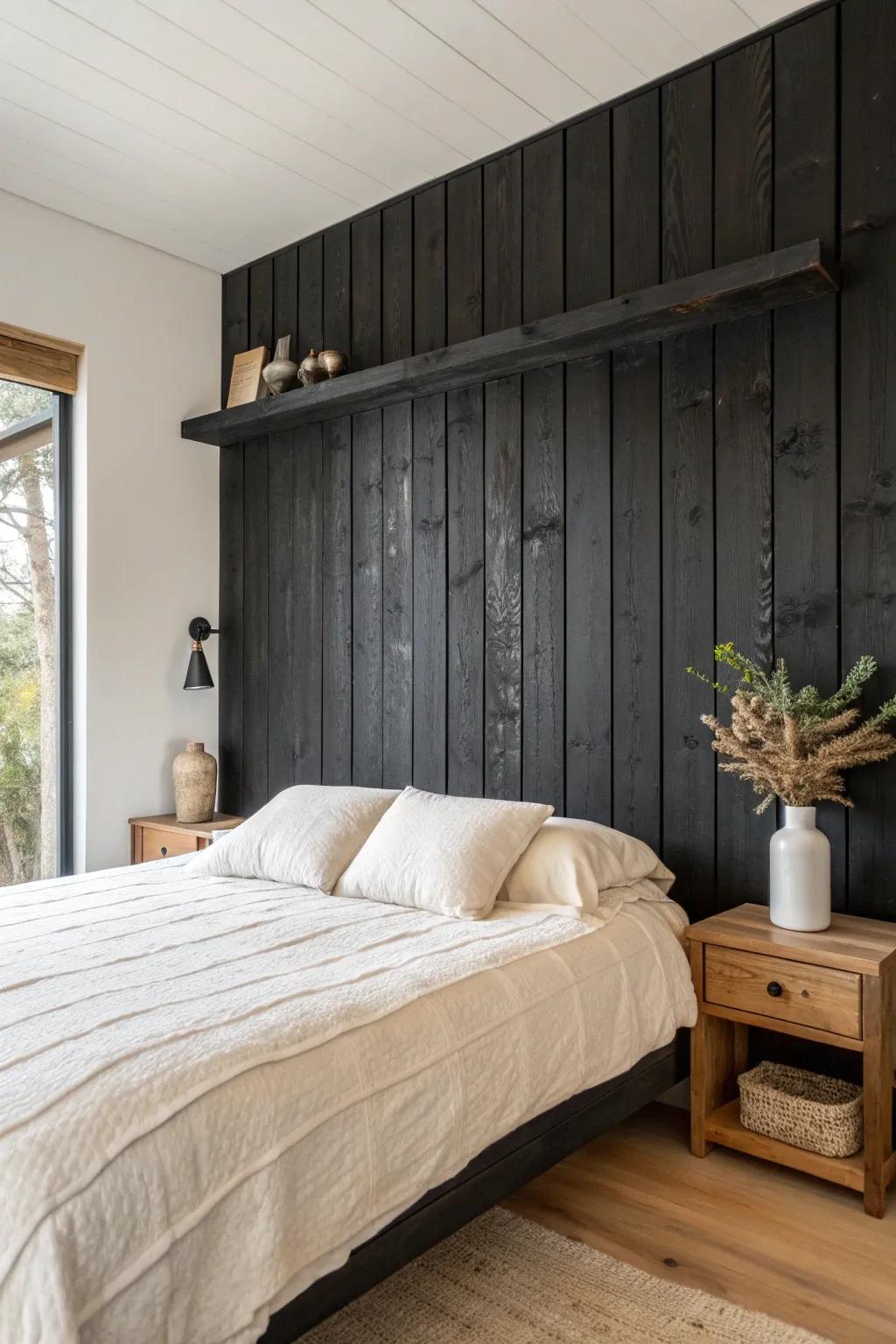 Charred wood feature wall: dramatic black grain that feels calm, crafted, and serene.
