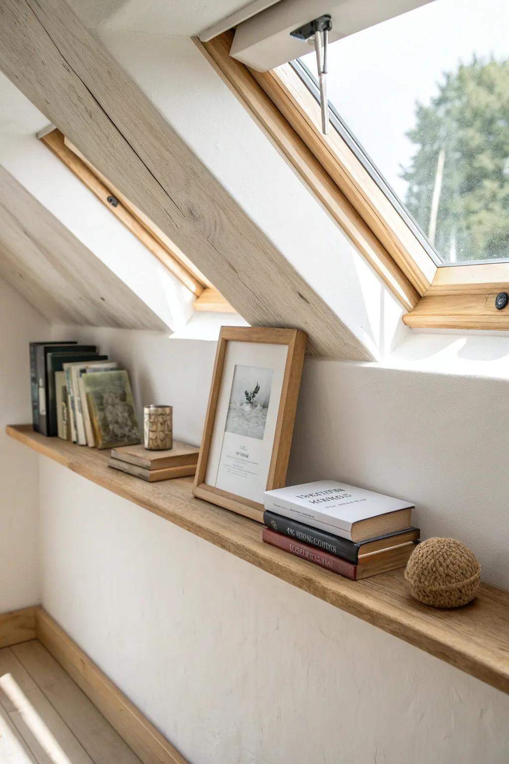 A slim oak picture ledge that makes attic library displays effortless—and beautifully changeable.