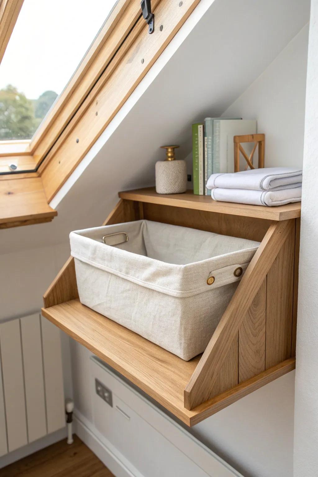 A fold-down attic ladder shelf in light oak—perfect for staging seasonal bins safely.