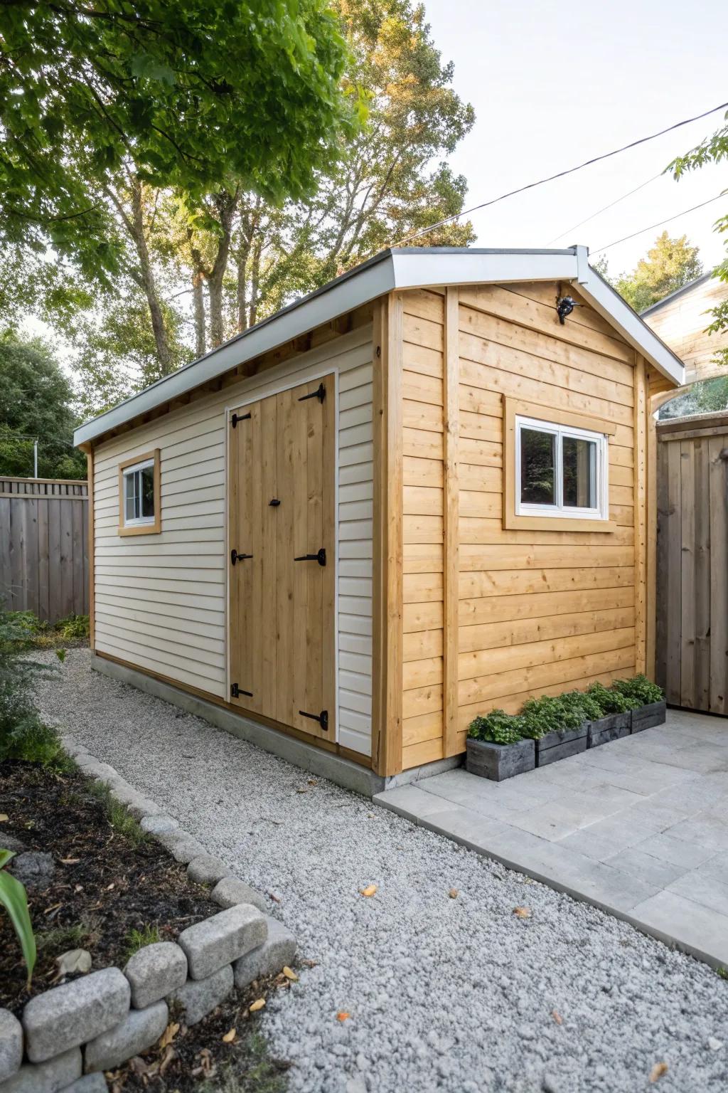 Match your home’s siding and trim for an ATV shed that looks built-in and intentional.