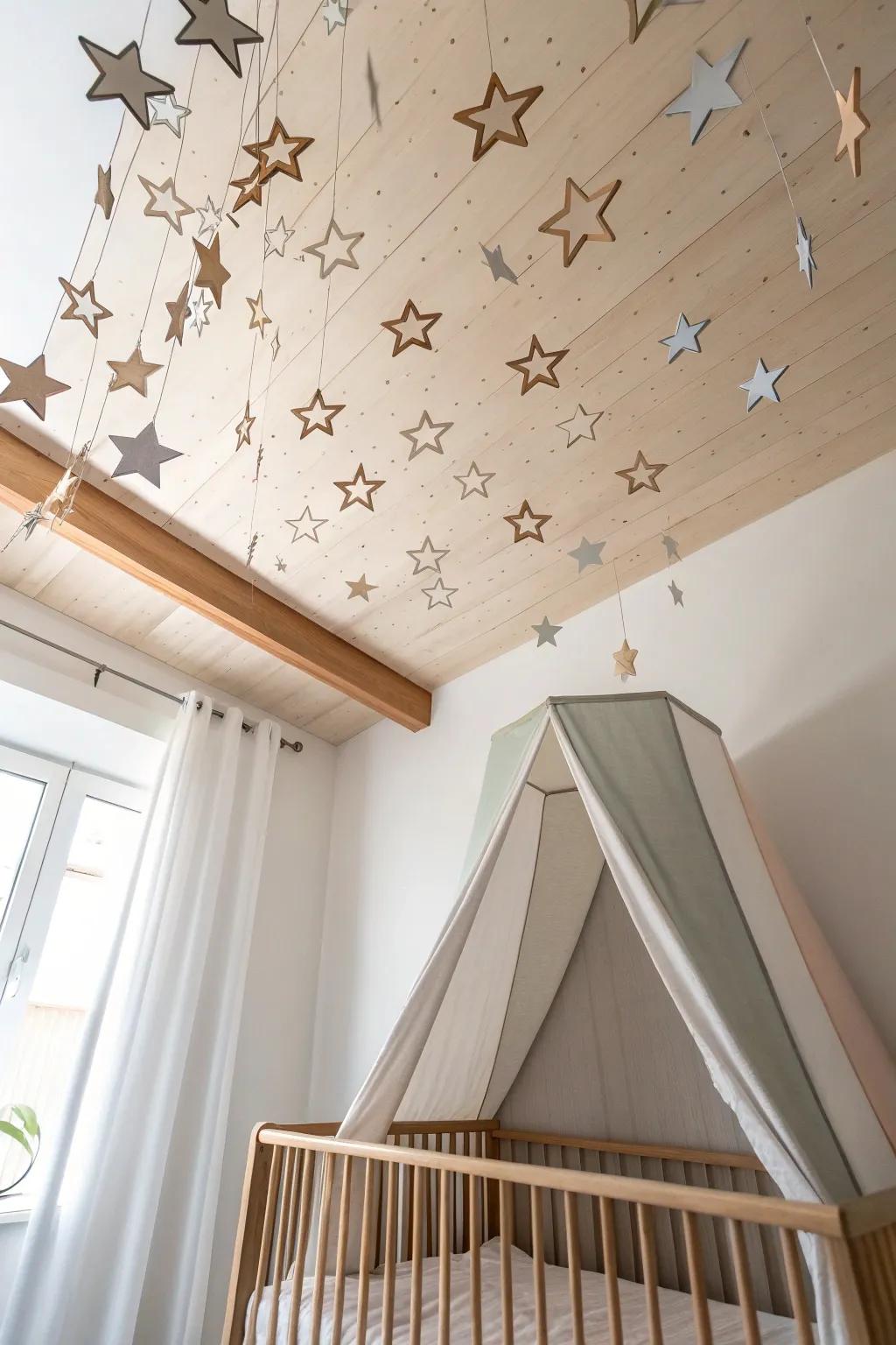 A dreamy wooden star constellation ceiling—soft tones, crisp shadows, and calm handmade magic.