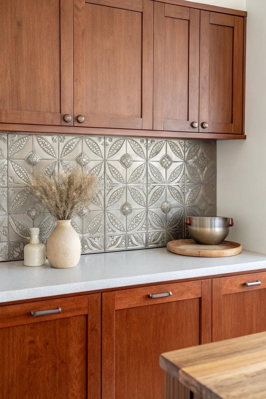 Aged pressed-metal backsplash + warm cherry cabinets—high-contrast texture with artisan charm.