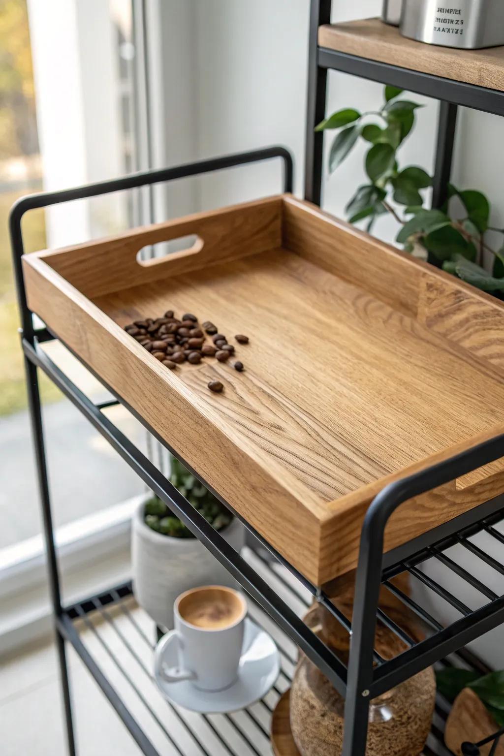 A slim pull-out tray keeps grinder mess contained and your baker’s rack coffee bar calm.