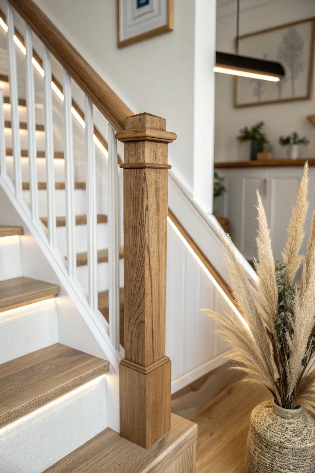 A lighted oak baluster with a hidden LED channel for a soft, glowing staircase at night.