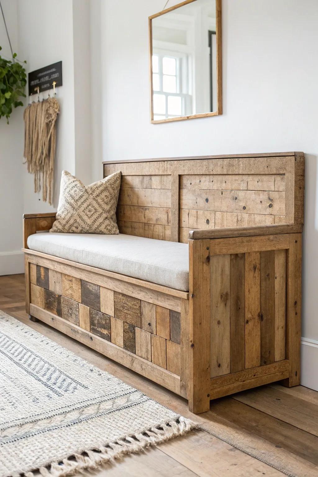 Salvaged wood banquette with patchwork front—rustic character, clean lines, sturdy build.