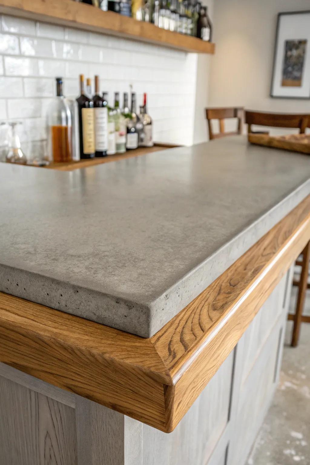 Concrete-look bar top with warm wood drink rail—modern, cozy, and easy to wipe clean.