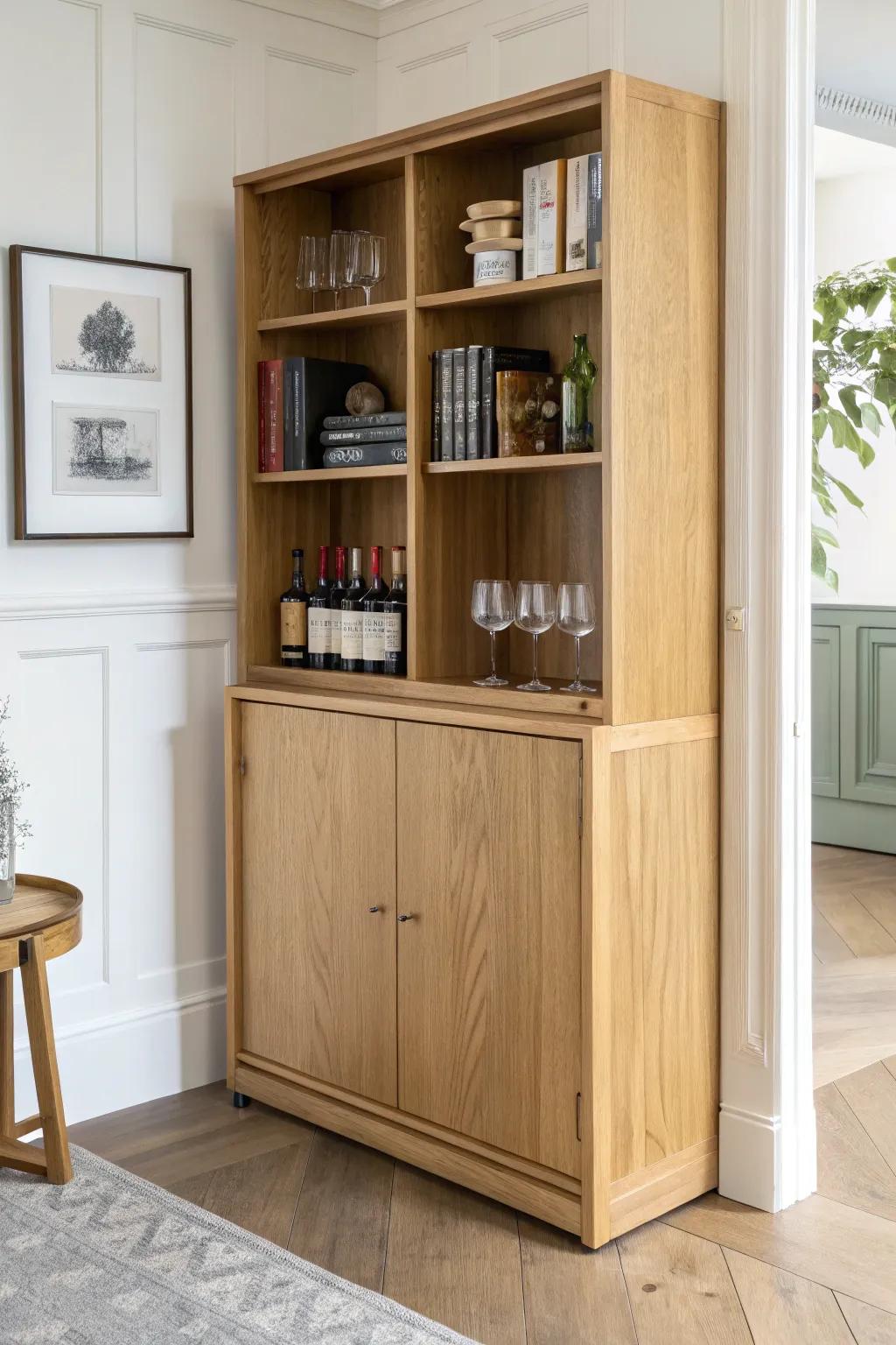 A swinging bookshelf reveals a sleek hidden bar—minimal, warm oak, and pure wow-factor.