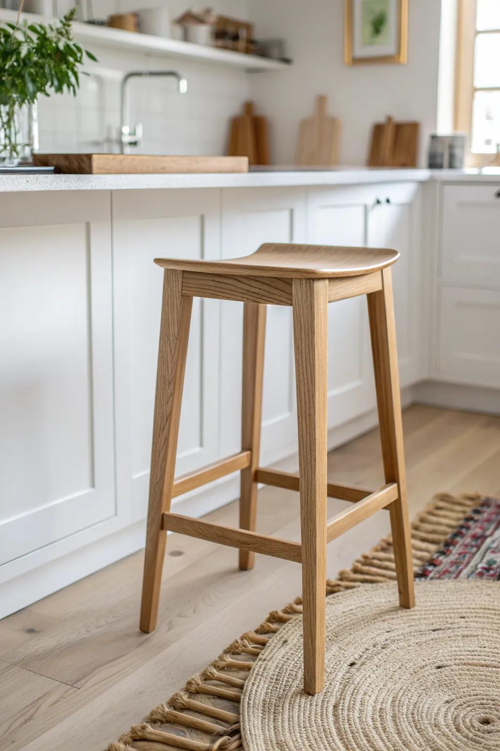Light oak stool with brass-look footrest—warm shine that elevates a crisp white kitchen.
