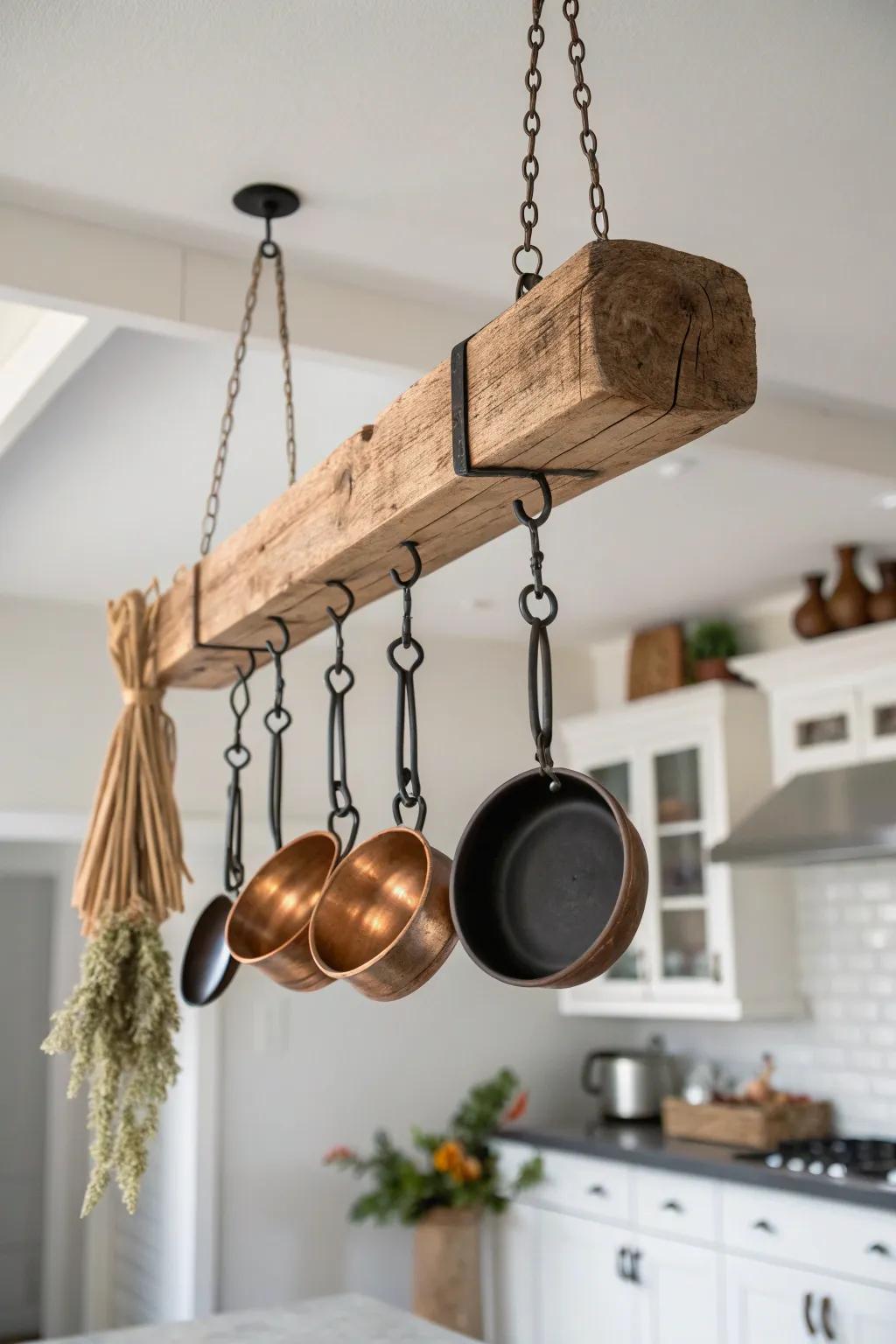 Reclaimed barn beam pot rack—simple chains, warm patina, and a stunning island centerpiece.
