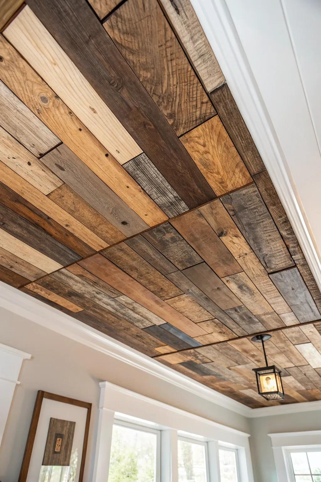 Patchwork reclaimed barnwood ceiling—mismatched boards that feel intentional, warm, and artful.