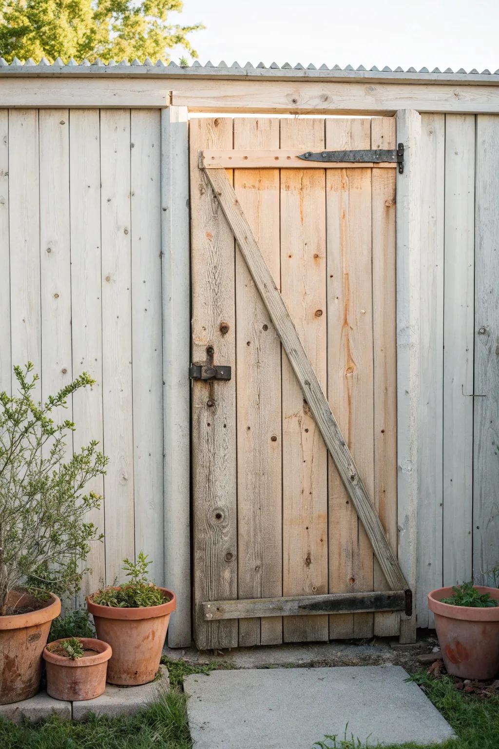 Rustic barn door backdrop for garden planters—instant height, texture, and charm outdoors.