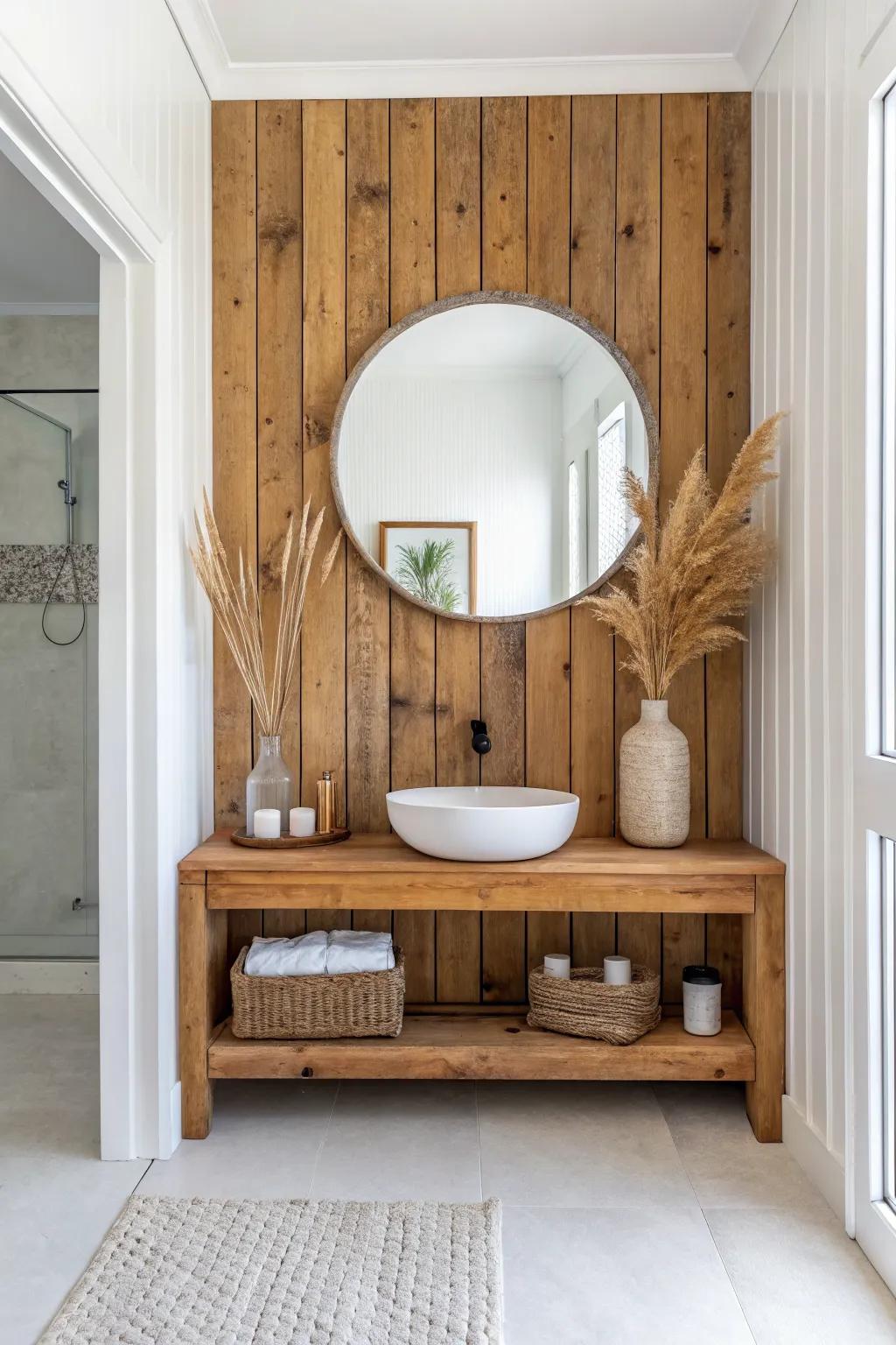 A sealed barn wood wall behind the mirror adds instant warmth and spa-like luxury.