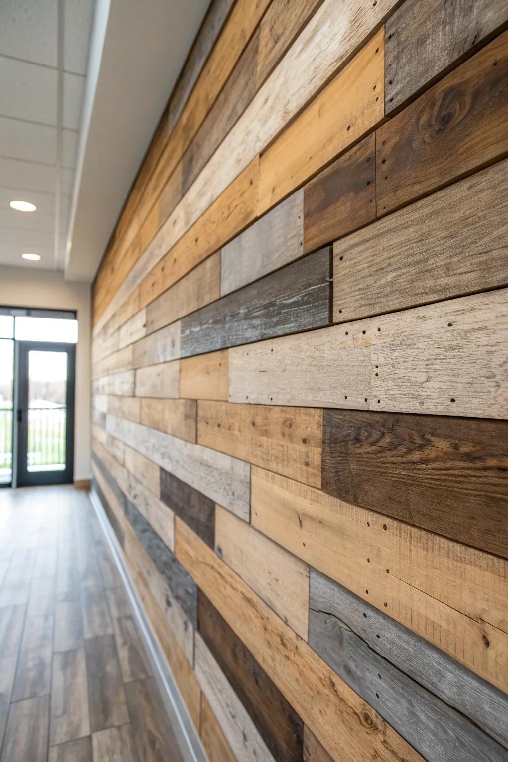 Rustic barn wood meets sleek metal inlay lines—minimal, warm, and beautifully contrasted.