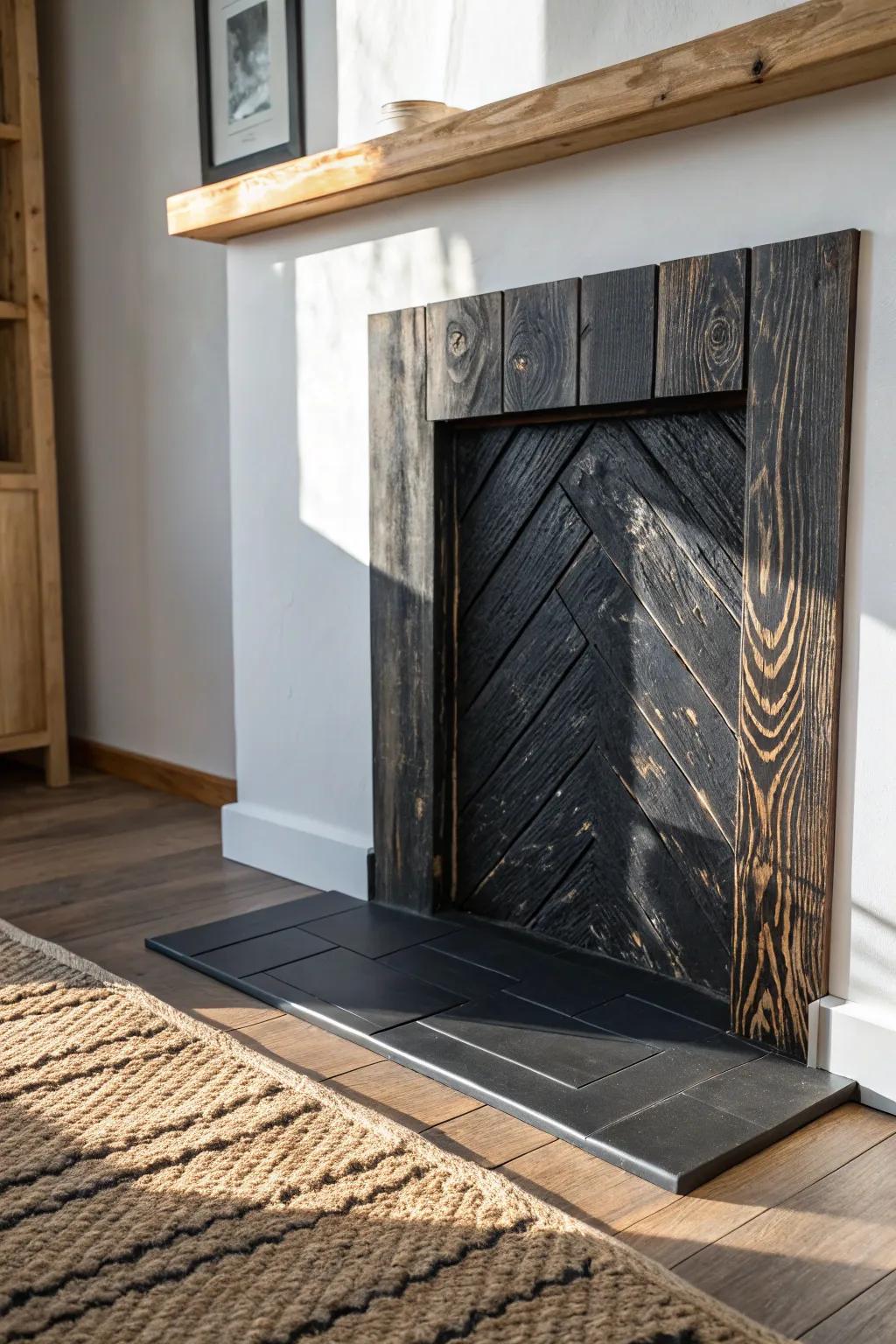 Bold charred-wood flooring that makes the grain glow—minimal, dramatic, and warm.