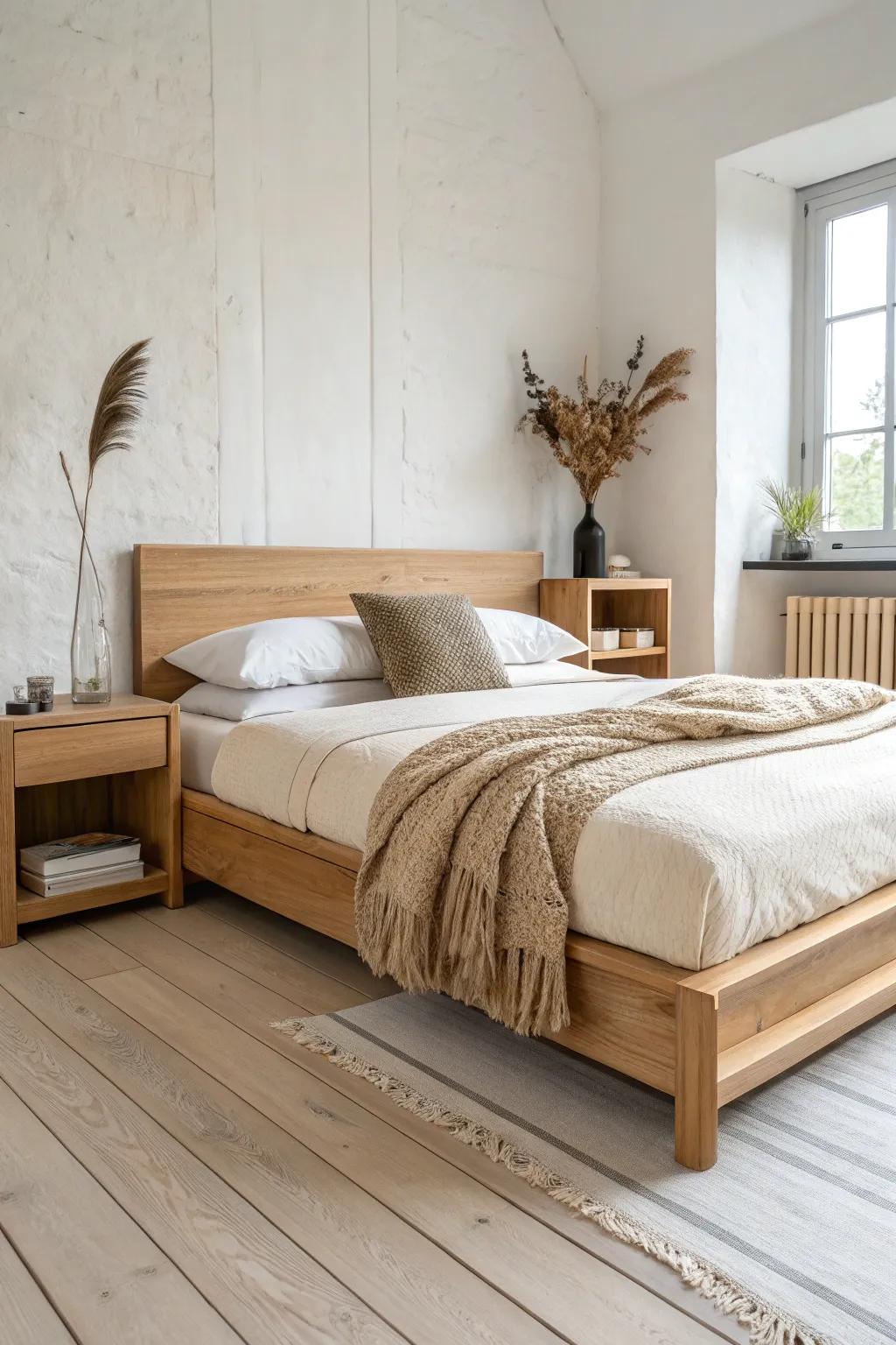 Base de cama con alas tipo mesitas: diseño integrado, minimalista y súper práctico.