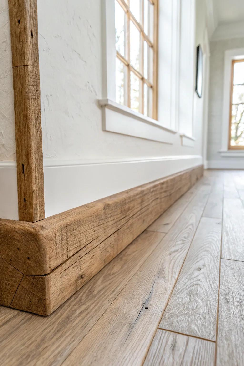 Rustic reclaimed wood base trim with knots and saw marks for instant warmth and character.