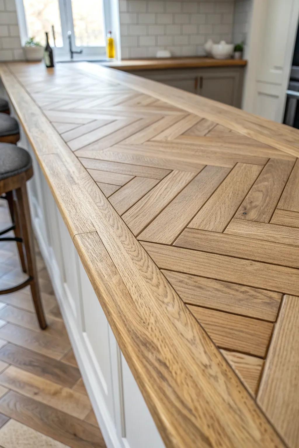 Herringbone plank bar top: boutique movement, clean lines, and warm oak craftsmanship.