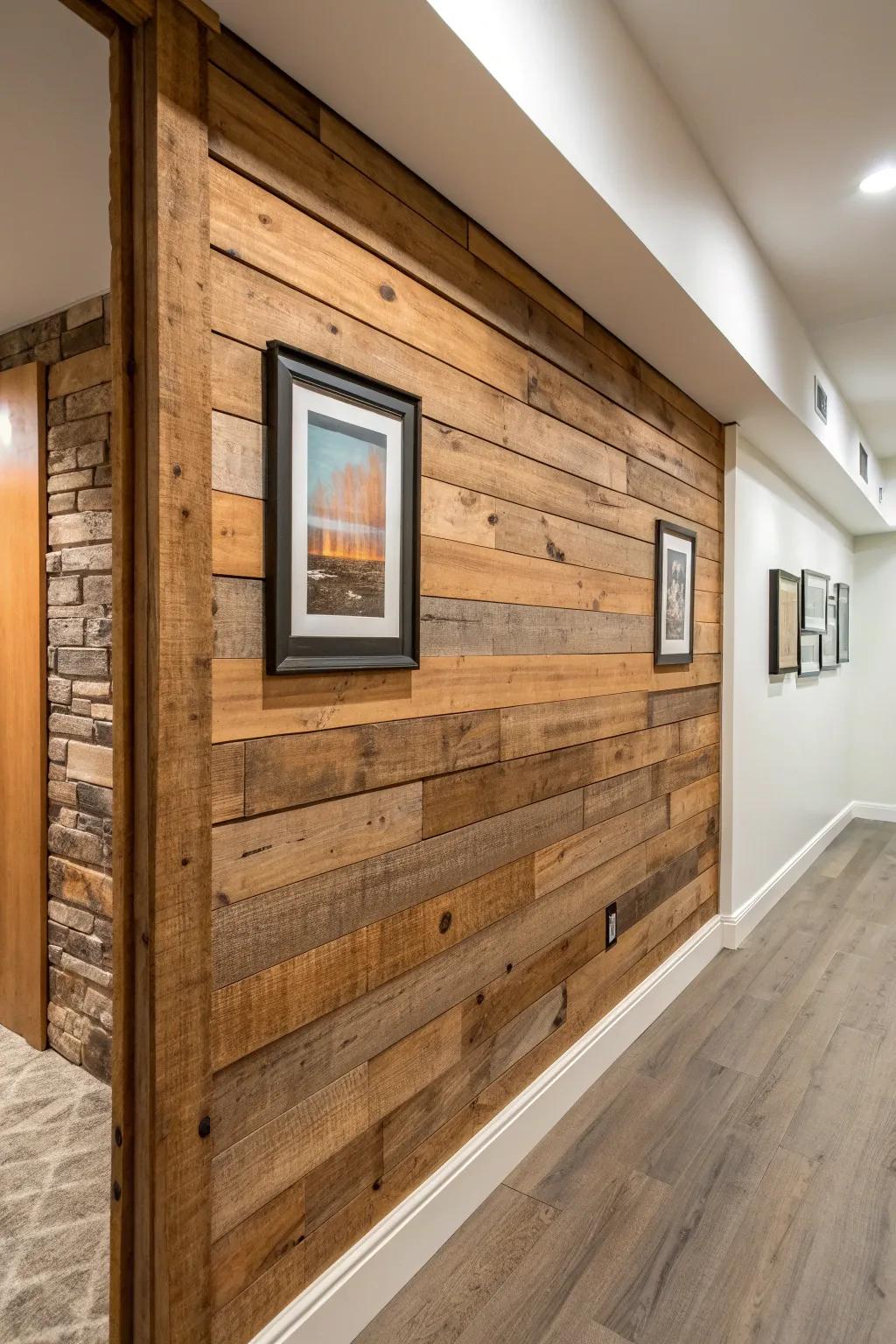 Reclaimed wood accent wall adds instant warmth and character to a basement hallway.