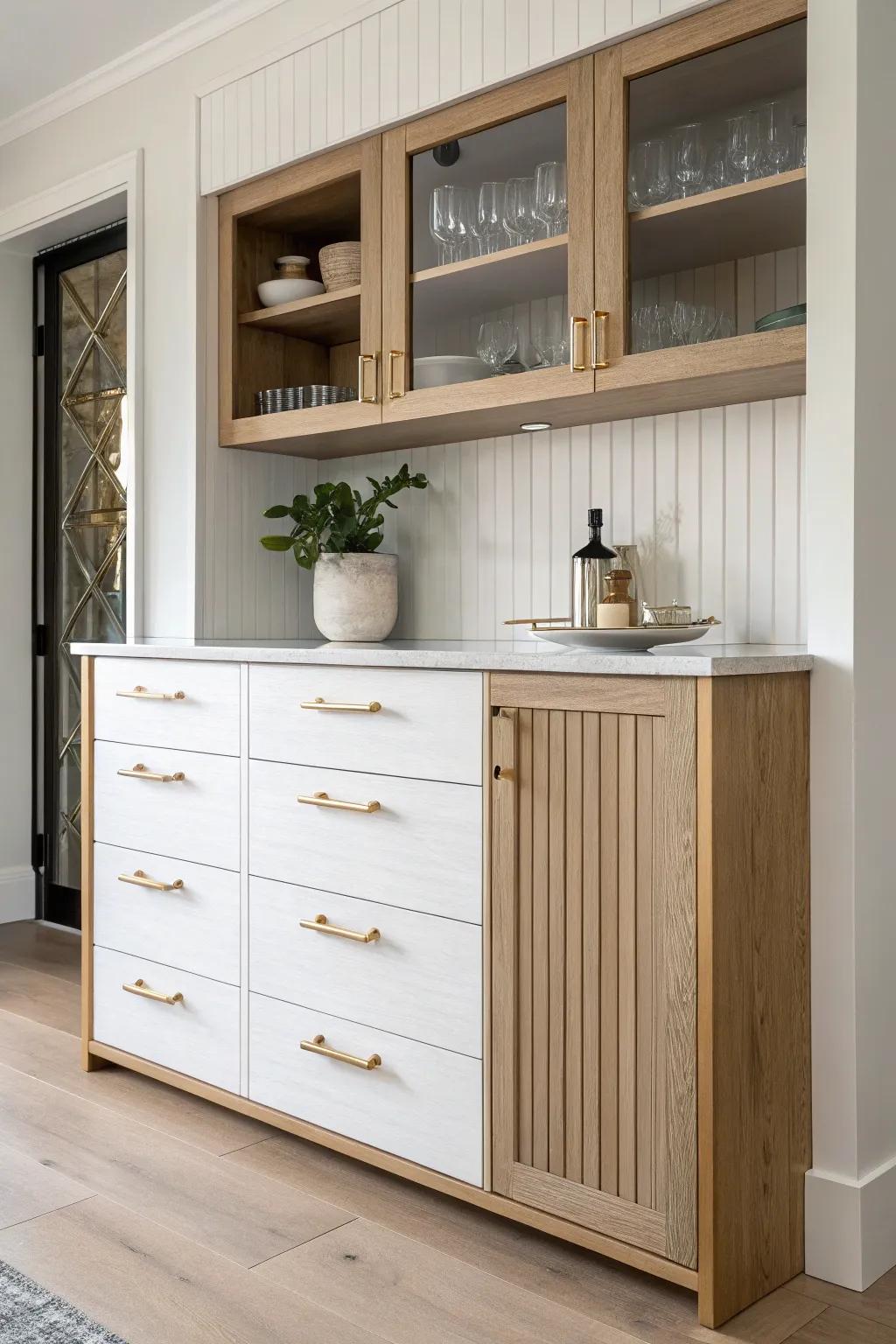 Two-tone bar cabinetry with oak base and vertical shiplap niche for airy basement style.