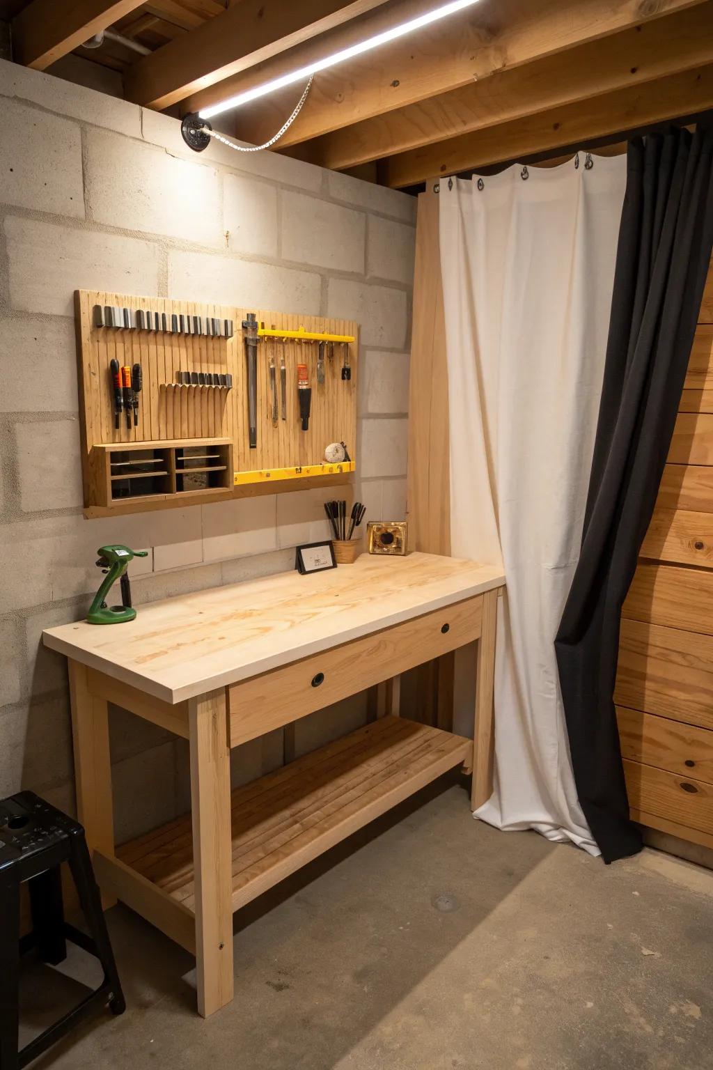A tidy basement workshop nook: oak tool rack, slim bench, and a curtain to hide the mess.