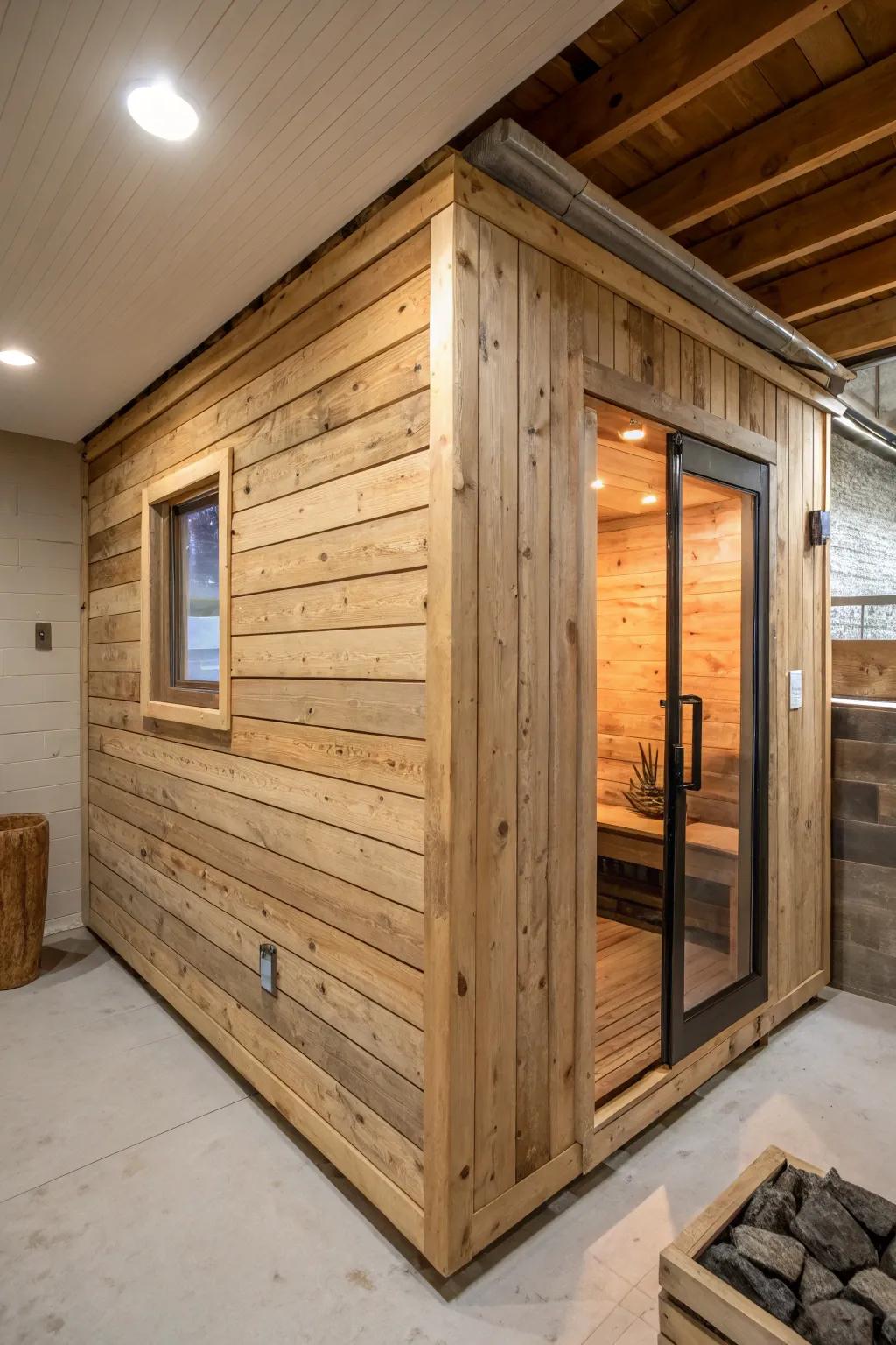 Reclaimed wood cladding turns a basement sauna into a cozy cabin look—with rich, rustic texture.