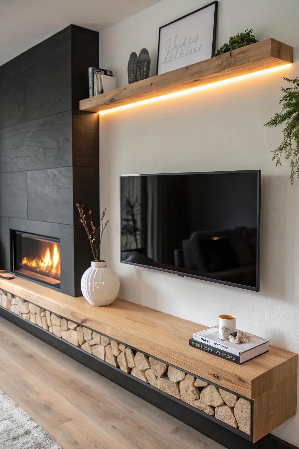 Warm backlit oak shelf glow above a sleek fireplace—instant basement theater mood, softly lit.