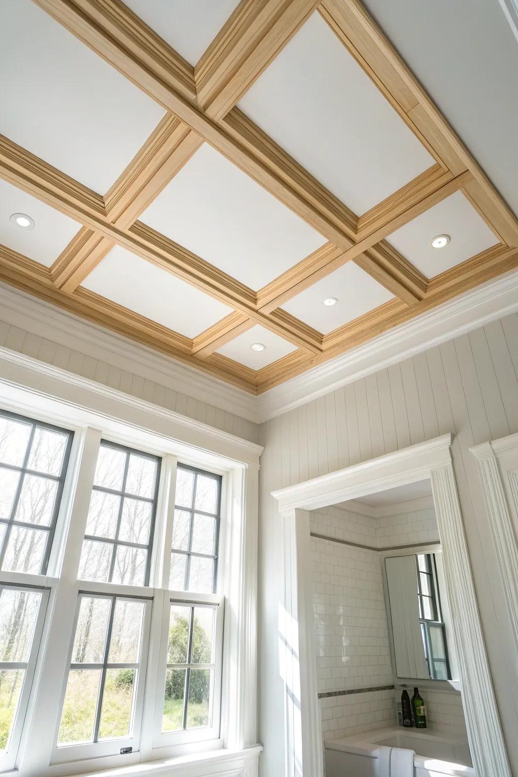 Slim oak coffer grid trim adds boutique-hotel depth to a simple bathroom ceiling.