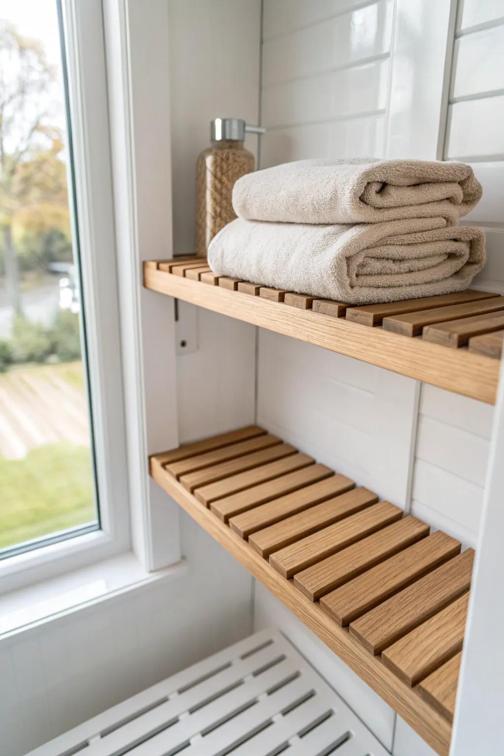 Sealed oak slatted shelf keeps towels fresh—airy storage for steamy bathrooms, Scandinavian calm.