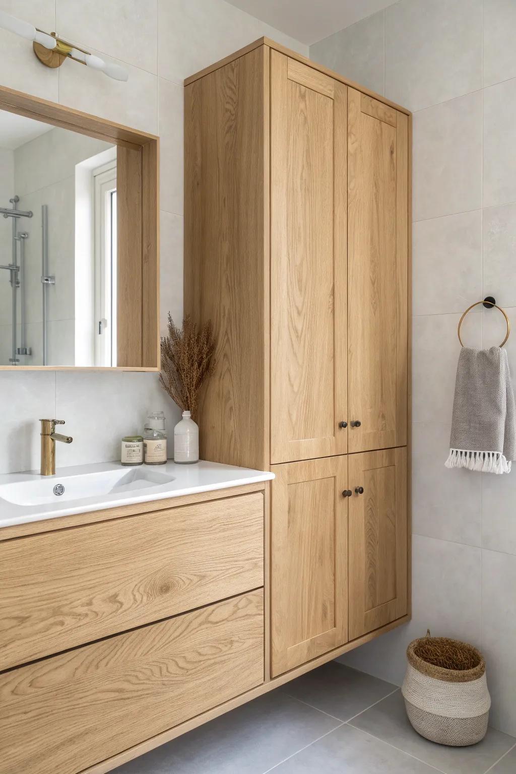 A recessed corner wall cabinet adds hidden storage with a sleek, space-saving look.