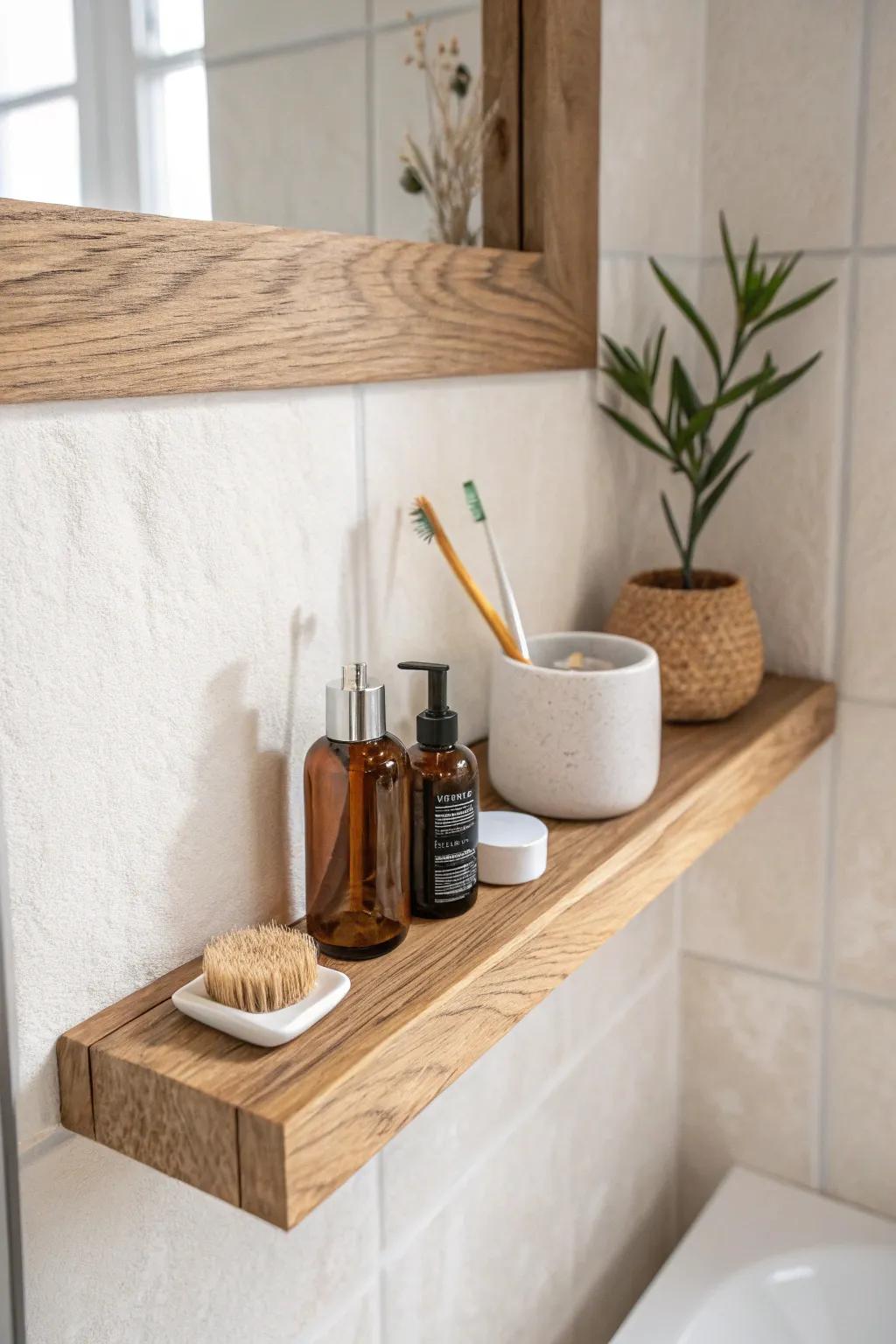 Slim oak ledge shelf for tiny toiletries—minimal, airy, and beautifully custom in small bathrooms.