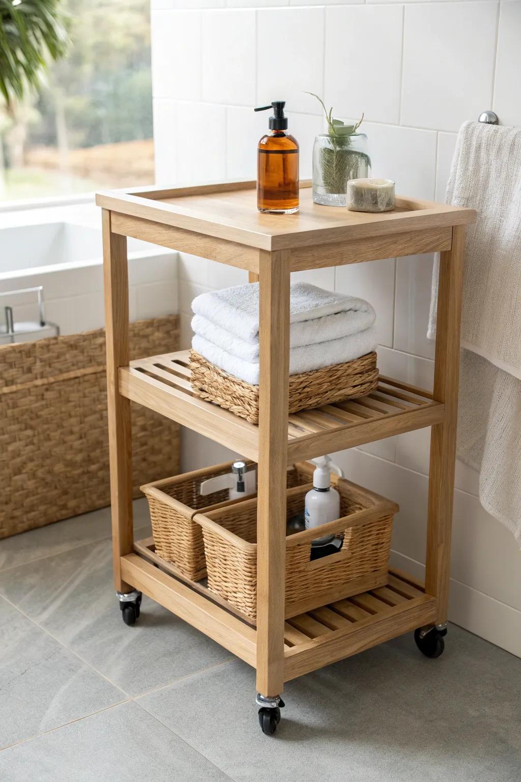 A sleek oak rolling island with locking casters—flexible storage that still feels like furniture.
