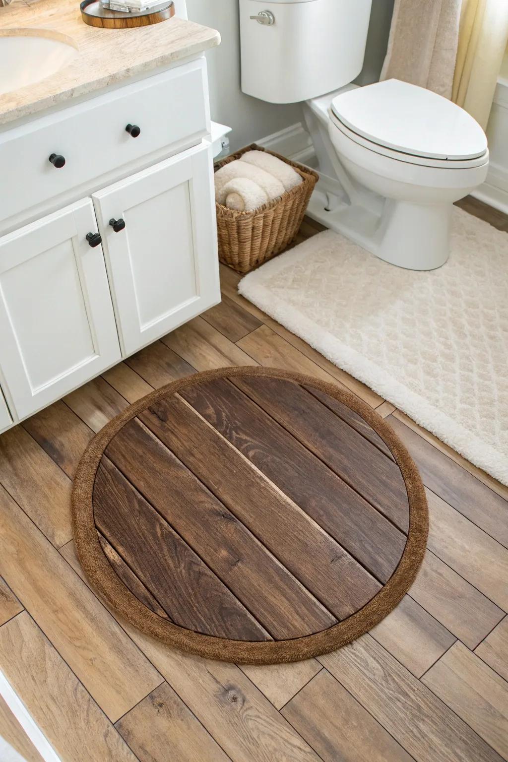 A faux rug inset of contrasting laminate planks—bathroom style that stays dry and chic.
