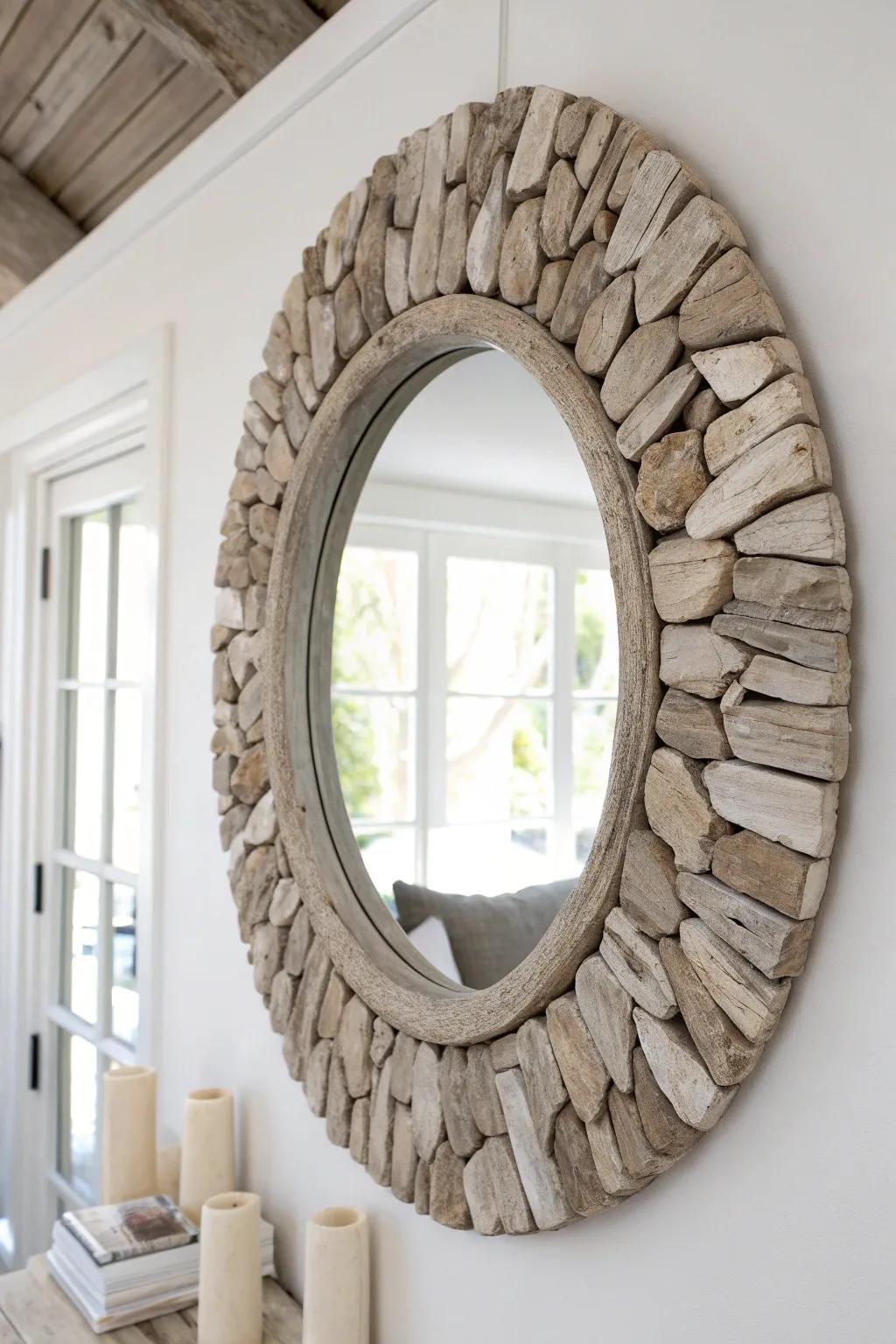 Turn a simple mirror into wall art with an irregular driftwood mosaic border.