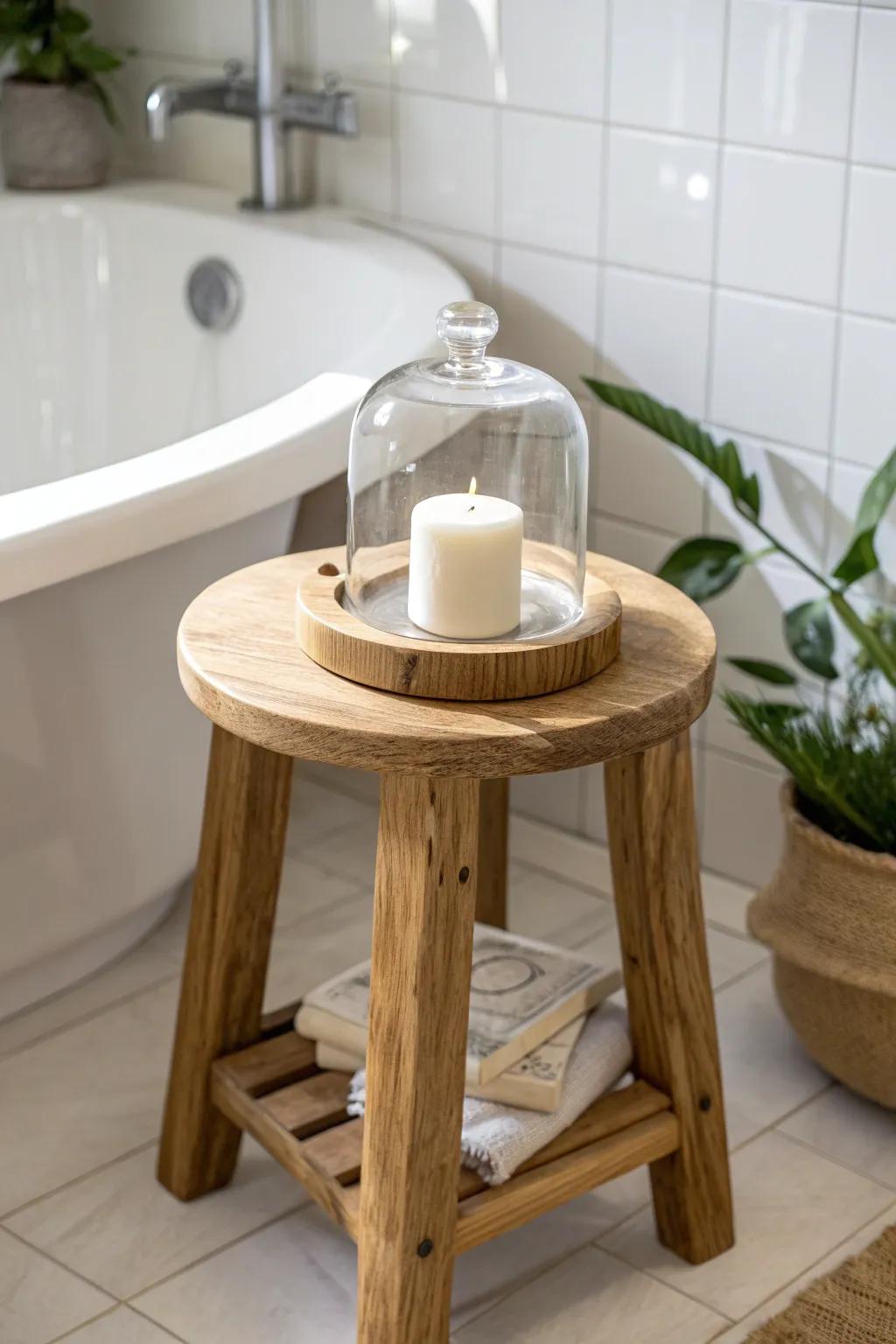 A glass cloche turns a simple bathroom stool into a curated, clutter-free moment.
