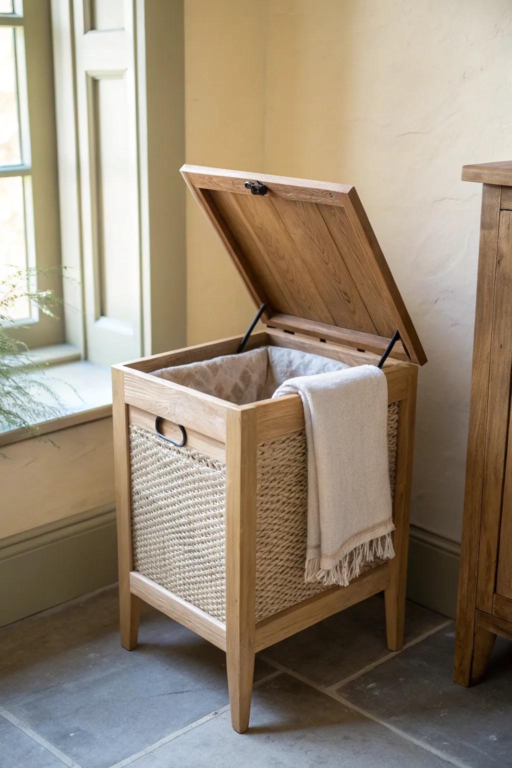 Lift-top hamper table in light oak—beautiful bathroom storage that hides laundry in plain sight.