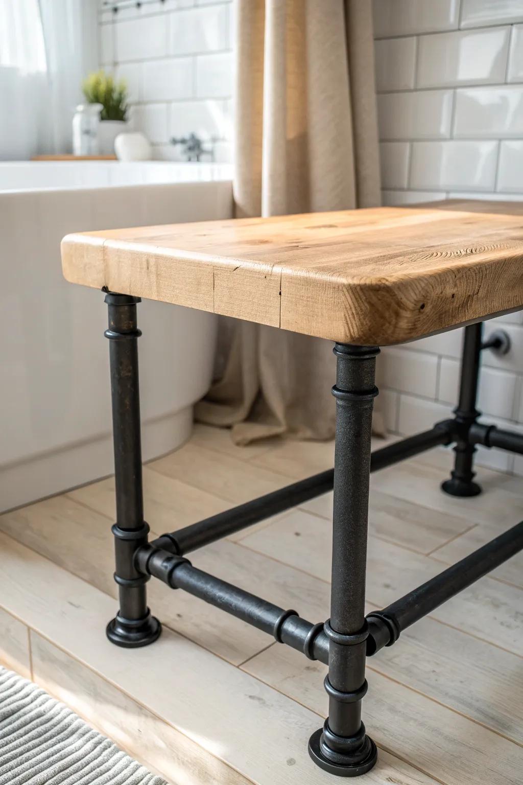 Chunky oak top + matte black pipe legs—an industrial side table built for humid bathrooms.
