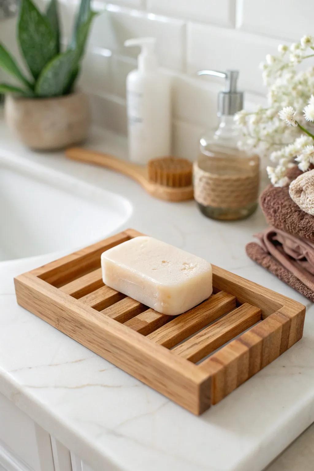 Rustic cedar slatted soap dish: a tiny handmade detail that elevates any bathroom vanity.