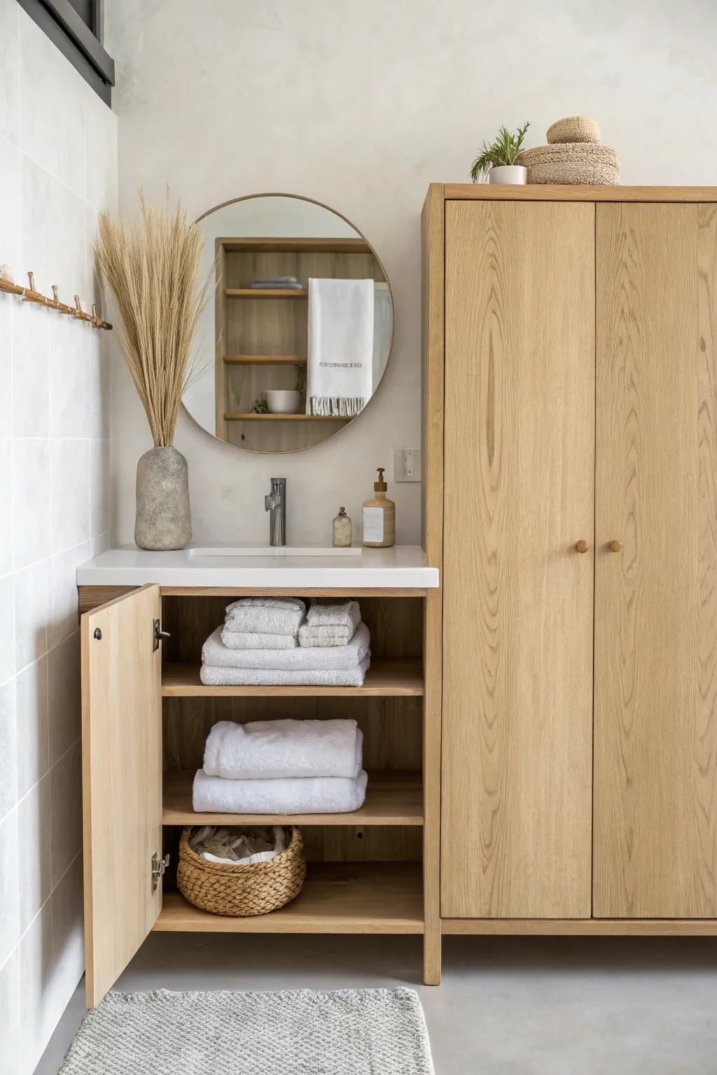 Light-oak sliding upper cabinet doors—beautiful craftsmanship that saves space above the vanity.