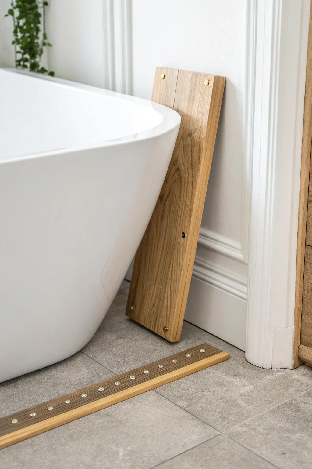 Removable oak tub base trim—clean seam, hidden fasteners, easy access for repairs.